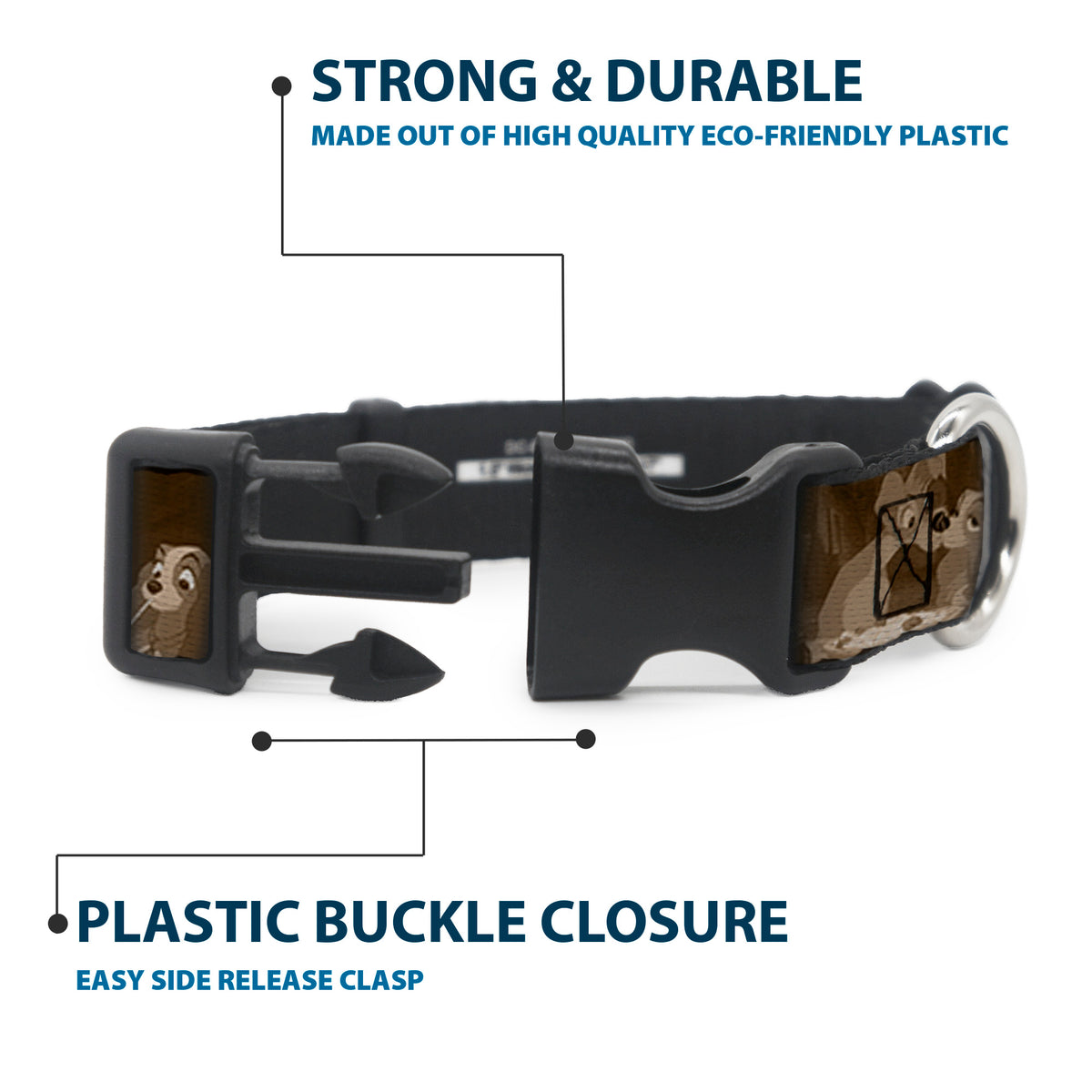 Plastic Clip Collar - Lady and Tramp 2-Poses/Spaghetti Kiss Scene Browns Dog Collars Plastic Clip Side Release Disney