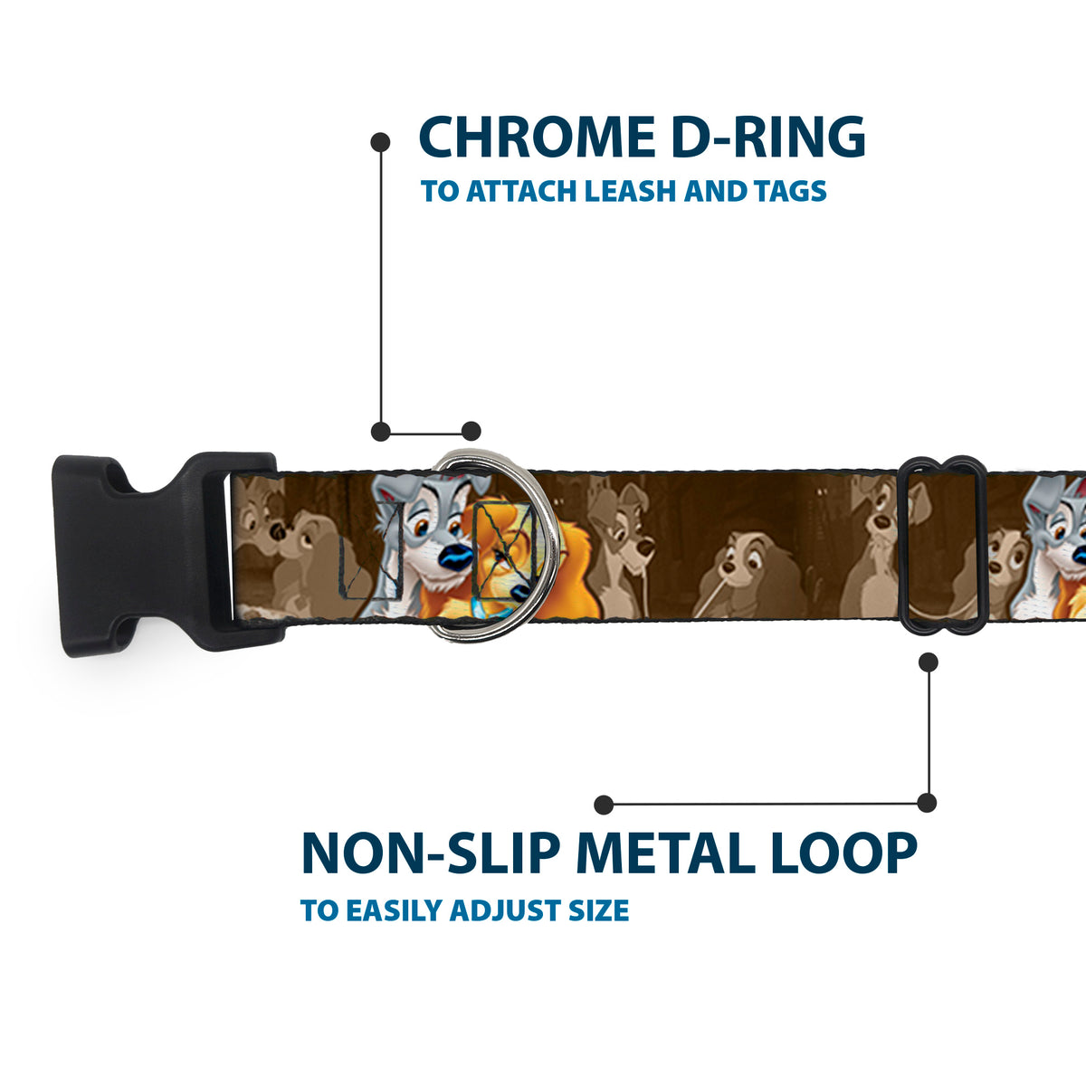 Plastic Clip Collar - Lady and Tramp 2-Poses/Spaghetti Kiss Scene Browns Dog Collars Plastic Clip Side Release Disney