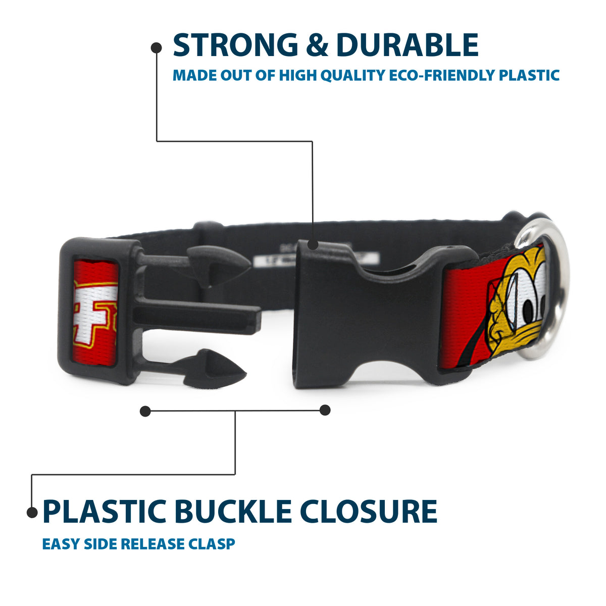 Plastic Clip Collar - Pluto 2-Pose IT'S A RUFF LIFE Red/Yellow/White Dog Collars Plastic Clip Side Release Disney