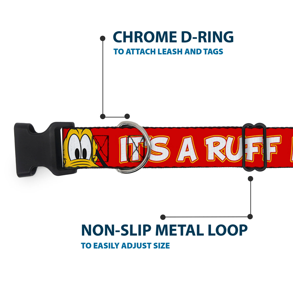 Plastic Clip Collar - Pluto 2-Pose IT'S A RUFF LIFE Red/Yellow/White Dog Collars Plastic Clip Side Release Disney