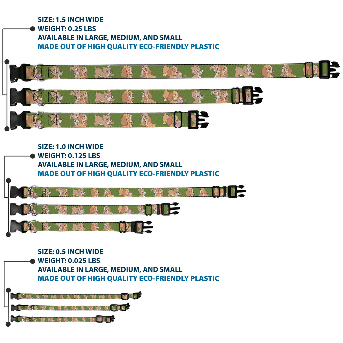 Plastic Clip Collar - Lady and Tramp 6-Poses Olive Green Dog Collars Plastic Clip Side Release Disney