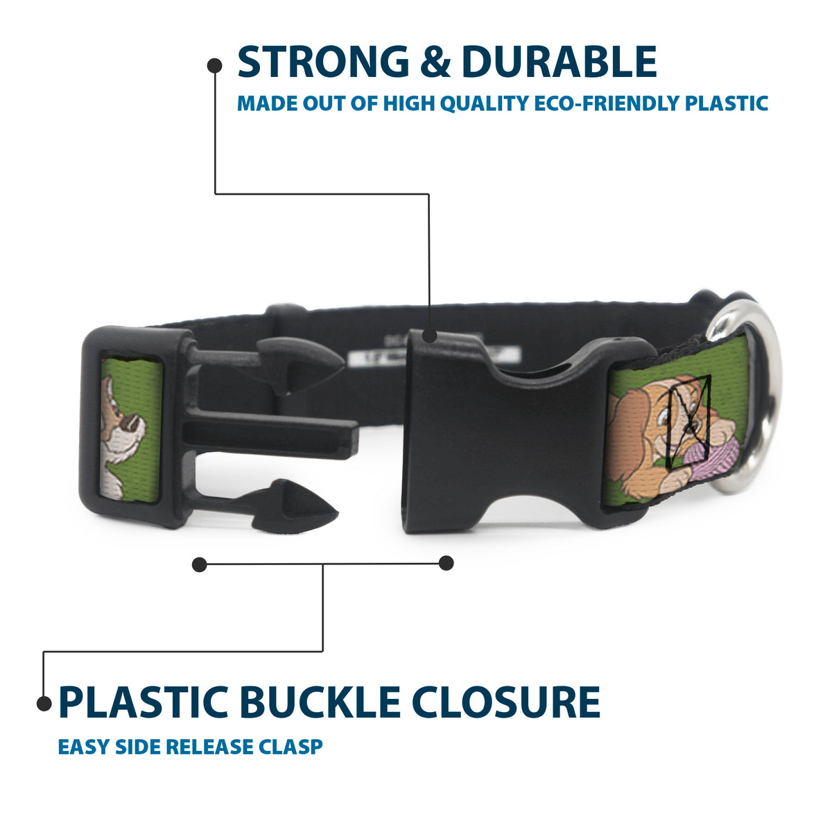 Plastic Clip Collar - Lady and Tramp 6-Poses Olive Green Dog Collars Plastic Clip Side Release Disney