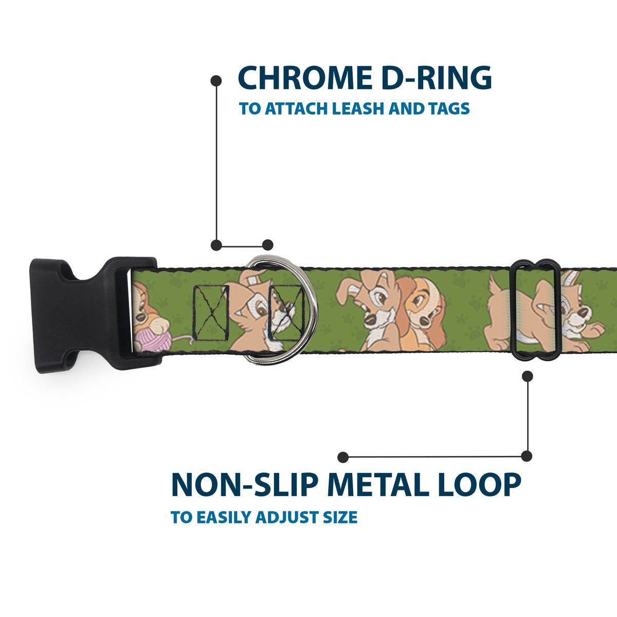 Plastic Clip Collar - Lady and Tramp 6-Poses Olive Green Dog Collars Plastic Clip Side Release Disney
