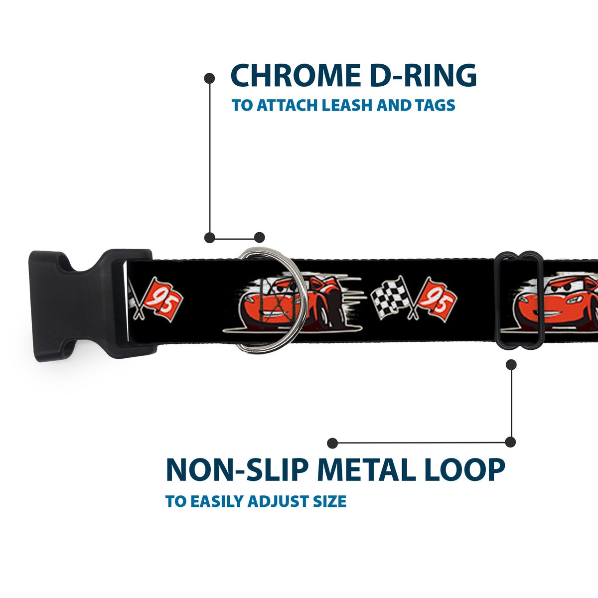 Plastic Clip Collar - Cars 3 Lightning McQueen Caricature/Race Flags Black/White/Red Dog Collars Plastic Clip Side Release Disney