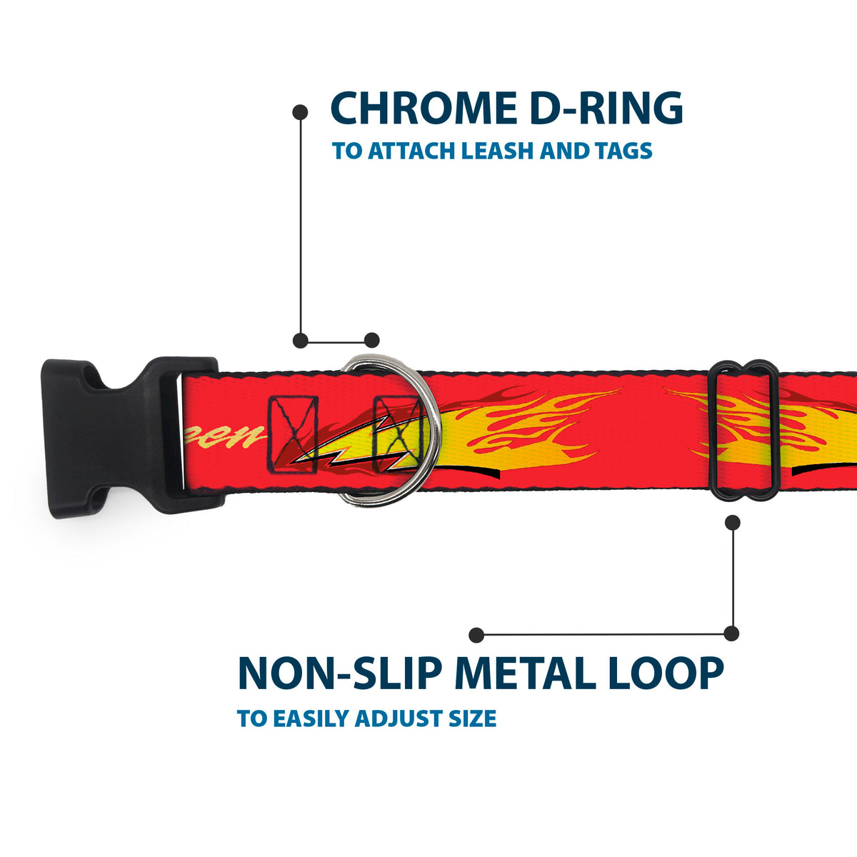 Plastic Clip Collar - Cars LIGHTNING MC QUEEN Text with Bolt Flames Red/Yellows Dog Collars Plastic Clip Side Release Disney