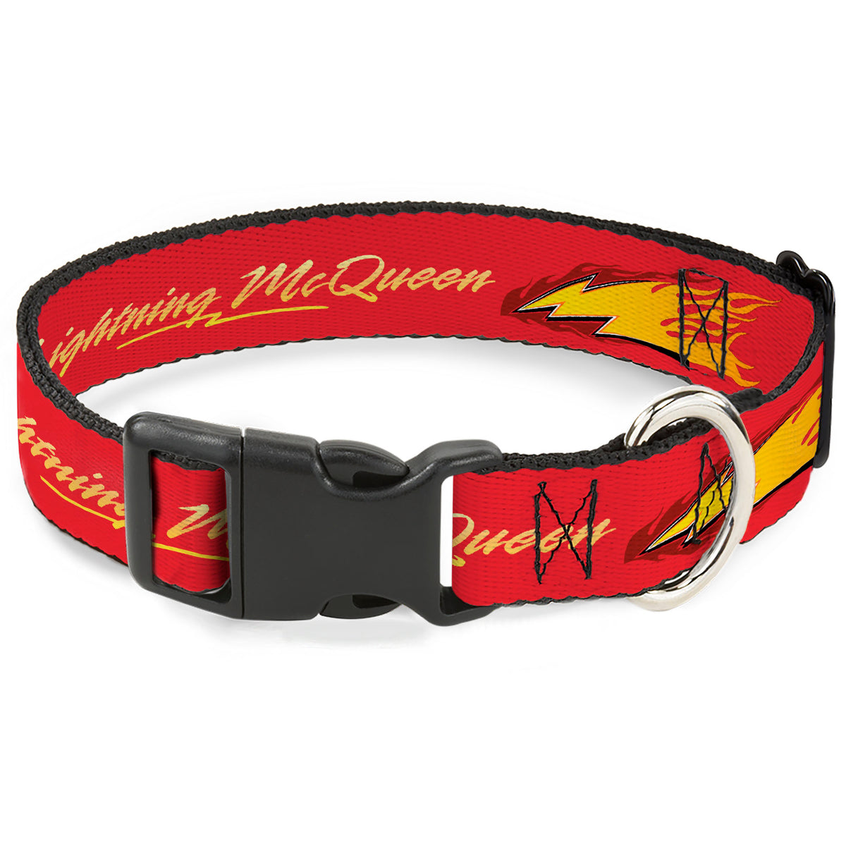 Plastic Clip Collar - Cars LIGHTNING MC QUEEN Text with Bolt Flames Red/Yellows Dog Collars Plastic Clip Side Release Disney