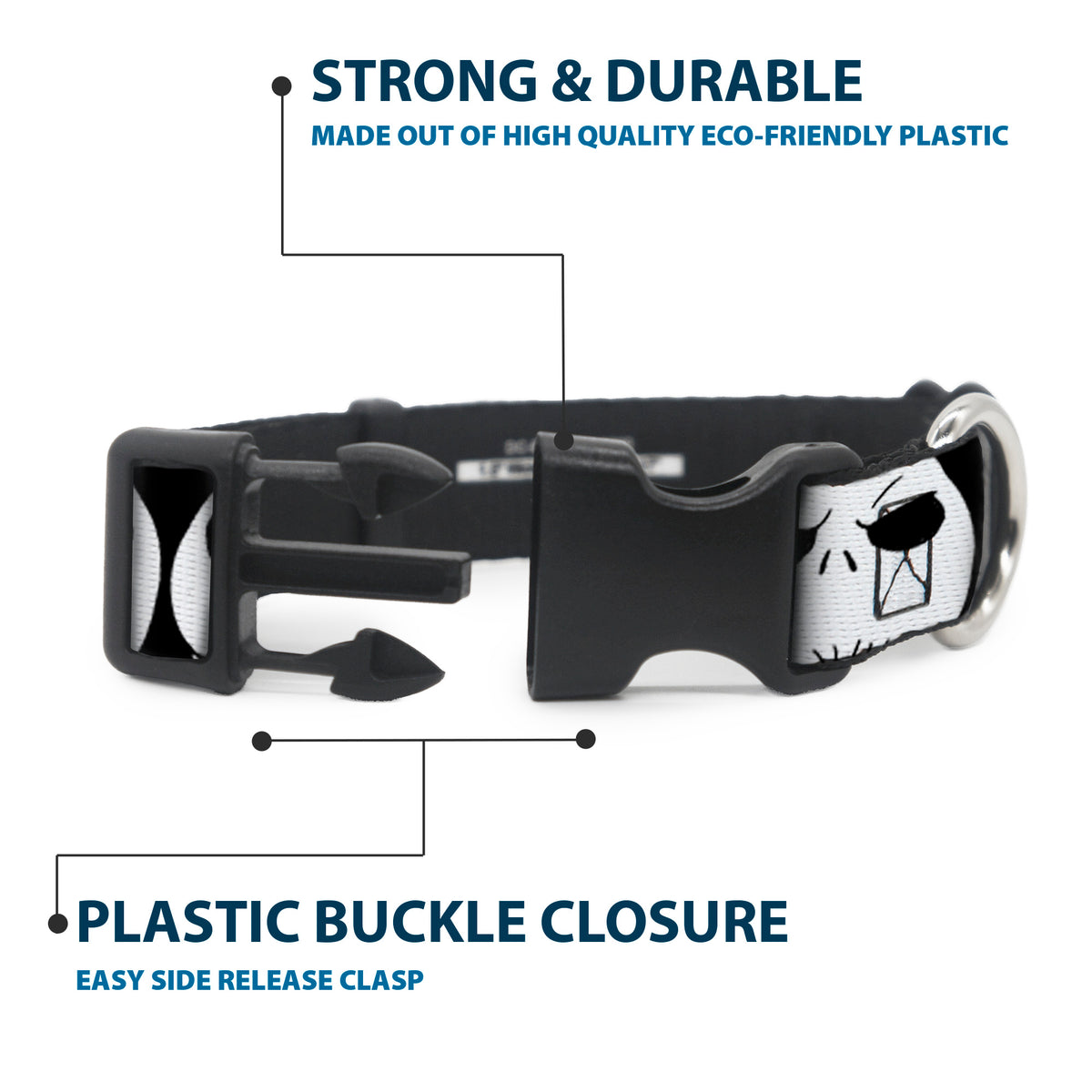 Plastic Clip Collar - Nightmare Before Christmas 7-Jack Expressions CLOSE-UP Black/White Dog Collars Plastic Clip Side Release Disney