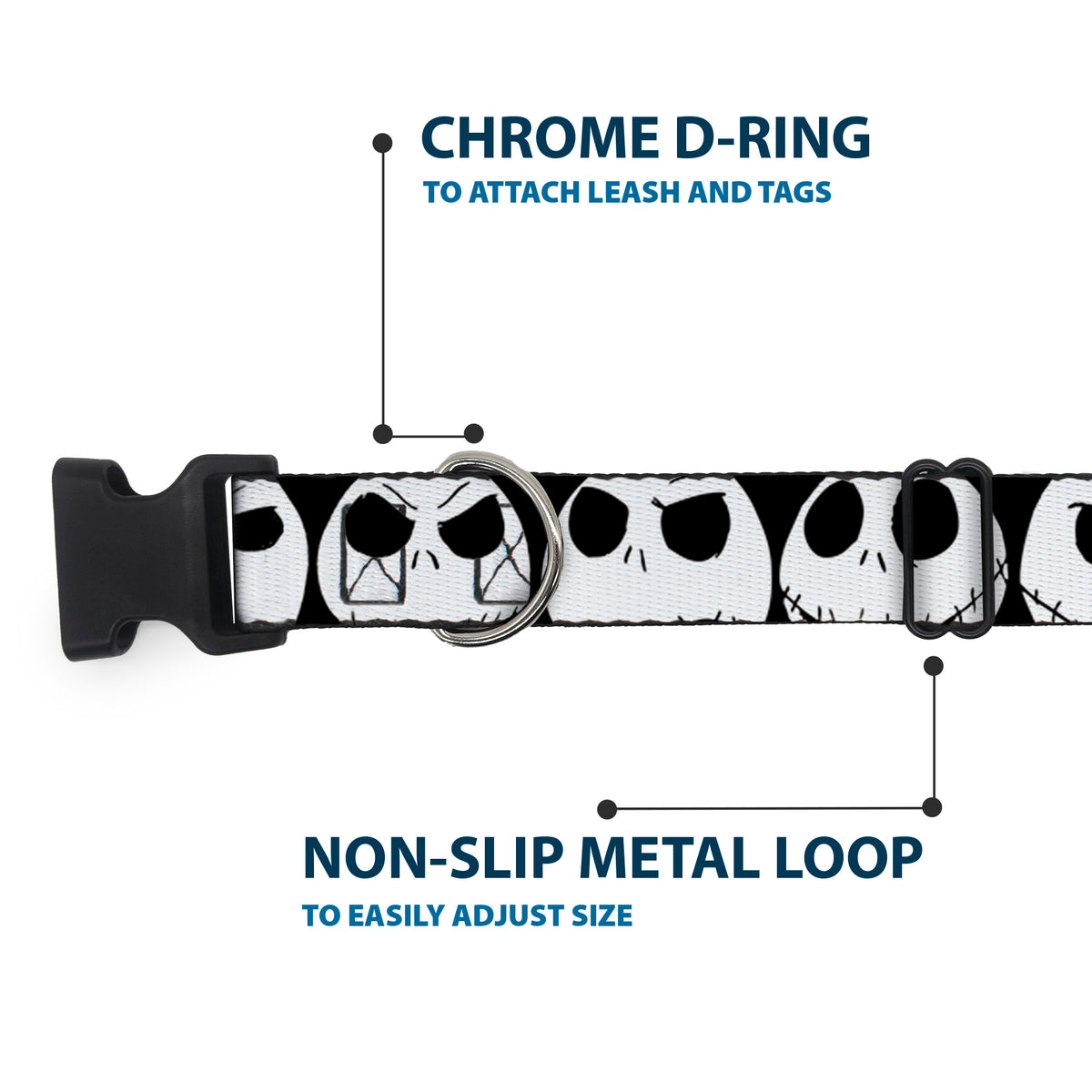 Plastic Clip Collar - Nightmare Before Christmas 7-Jack Expressions CLOSE-UP Black/White Dog Collars Plastic Clip Side Release Disney
