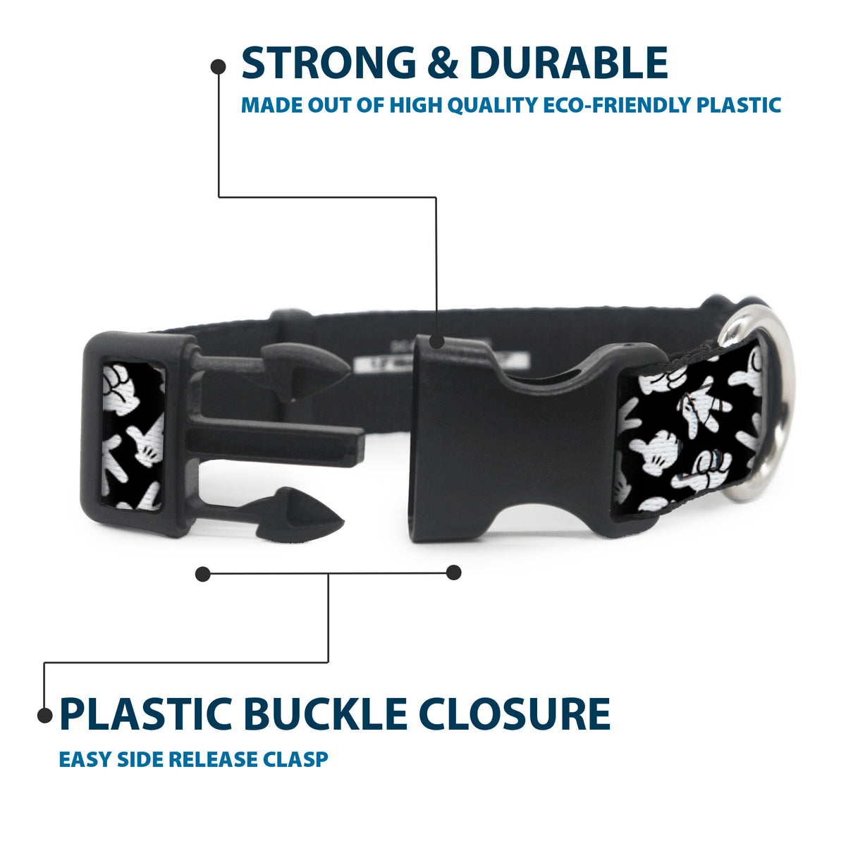 Plastic Clip Collar - Mickey Mouse Hand Gestures2 Scattered Black/White Dog Collars Plastic Clip Side Release Disney