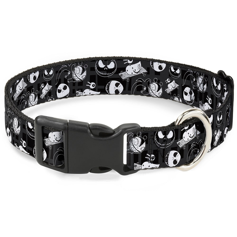 Plastic Clip Collar - Nightmare Before Christmas Jack Expressions/Scary Teddy/Killer Duck Collage2 Plaid Black/Gray/White Dog Collars Plastic Clip Side Release Disney