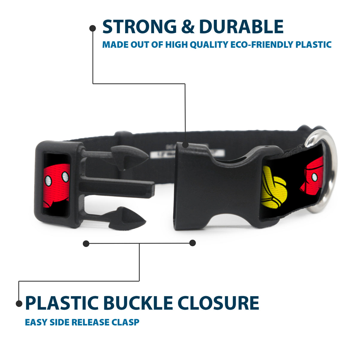 Plastic Clip Collar - Mickey Mouse Shorts and Shoes Black/Red/Yellow Dog Collars Plastic Clip Side Release Disney