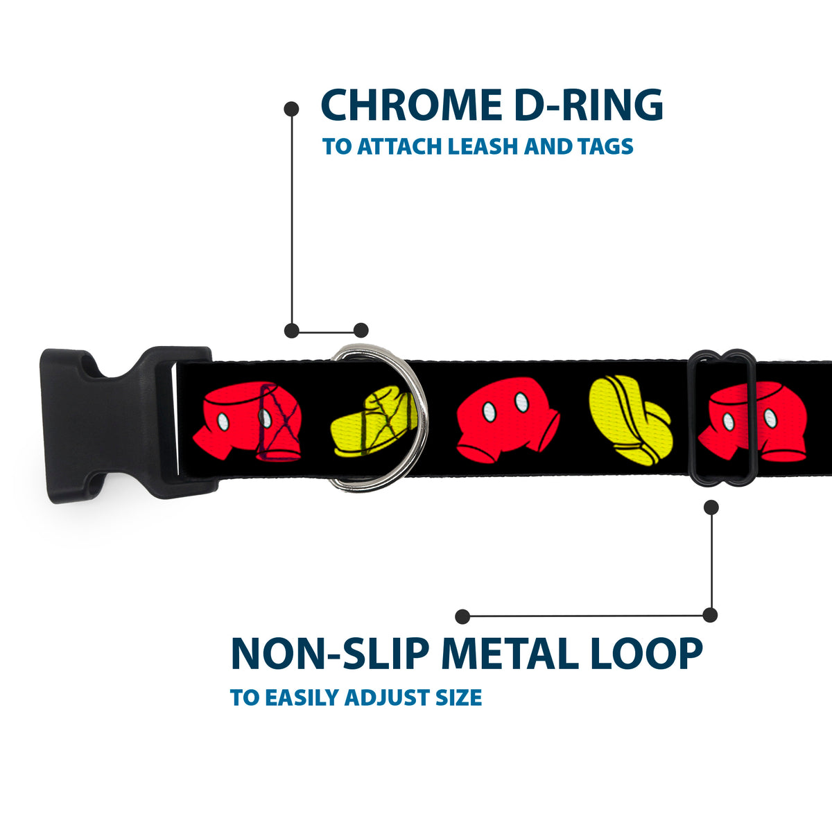 Plastic Clip Collar - Mickey Mouse Shorts and Shoes Black/Red/Yellow Dog Collars Plastic Clip Side Release Disney