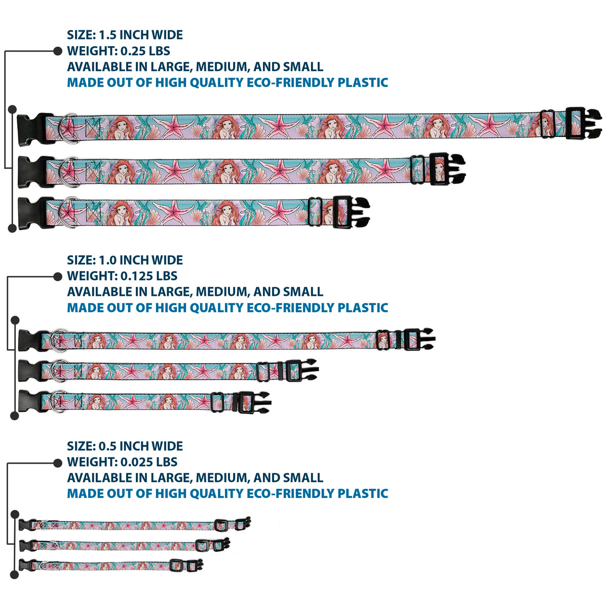 Plastic Clip Collar - The Little Mermaid Ariel Sketch4 Pose/Shells/Kelp Blues/Pinks Dog Collars Plastic Clip Side Release Disney