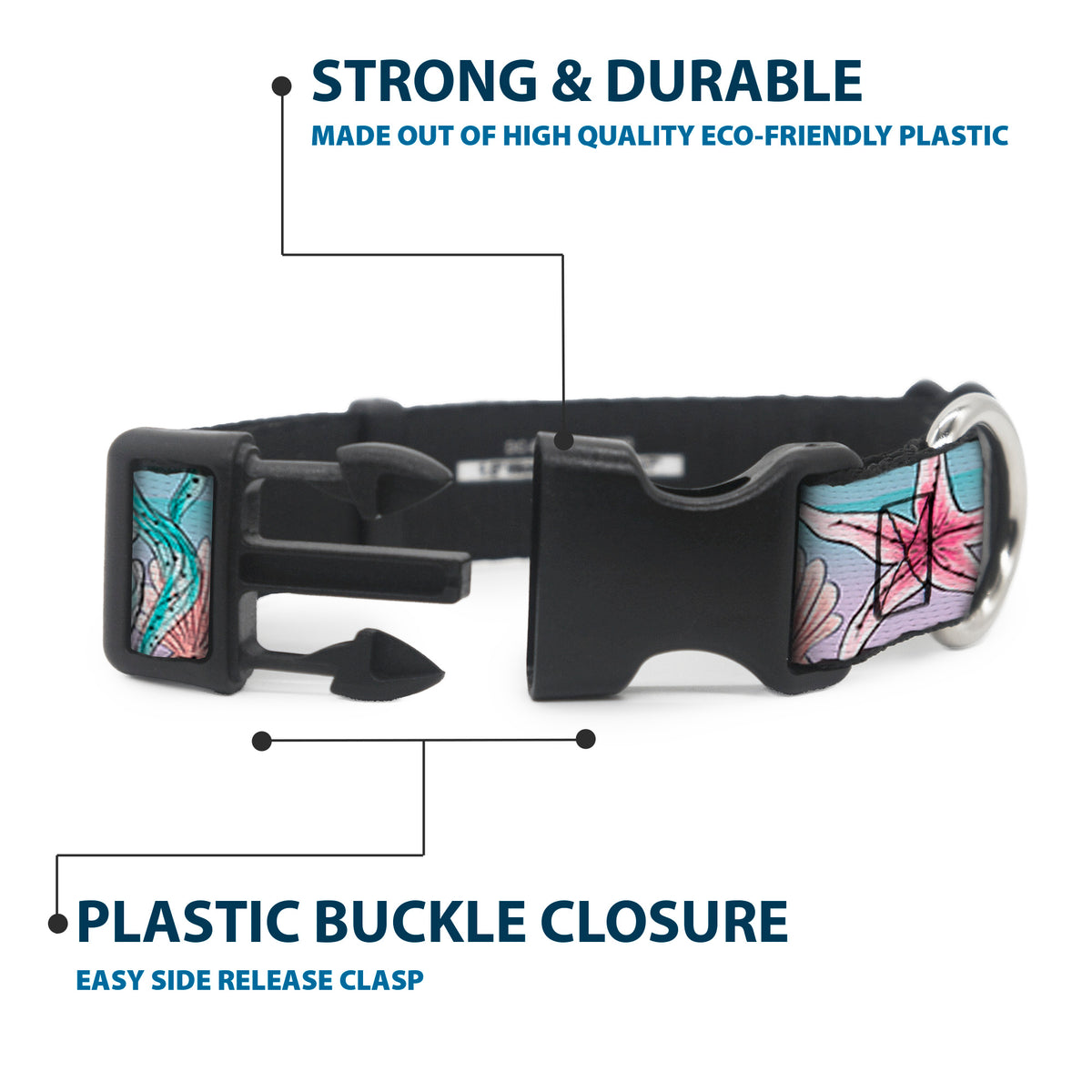 Plastic Clip Collar - The Little Mermaid Ariel Sketch4 Pose/Shells/Kelp Blues/Pinks Dog Collars Plastic Clip Side Release Disney