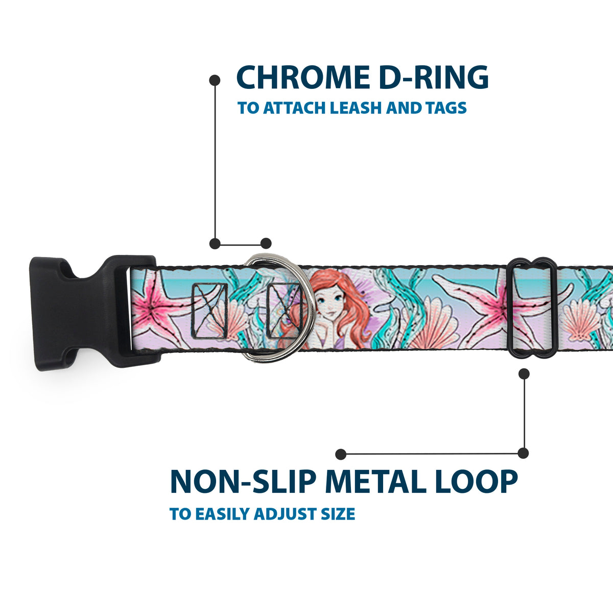 Plastic Clip Collar - The Little Mermaid Ariel Sketch4 Pose/Shells/Kelp Blues/Pinks Dog Collars Plastic Clip Side Release Disney