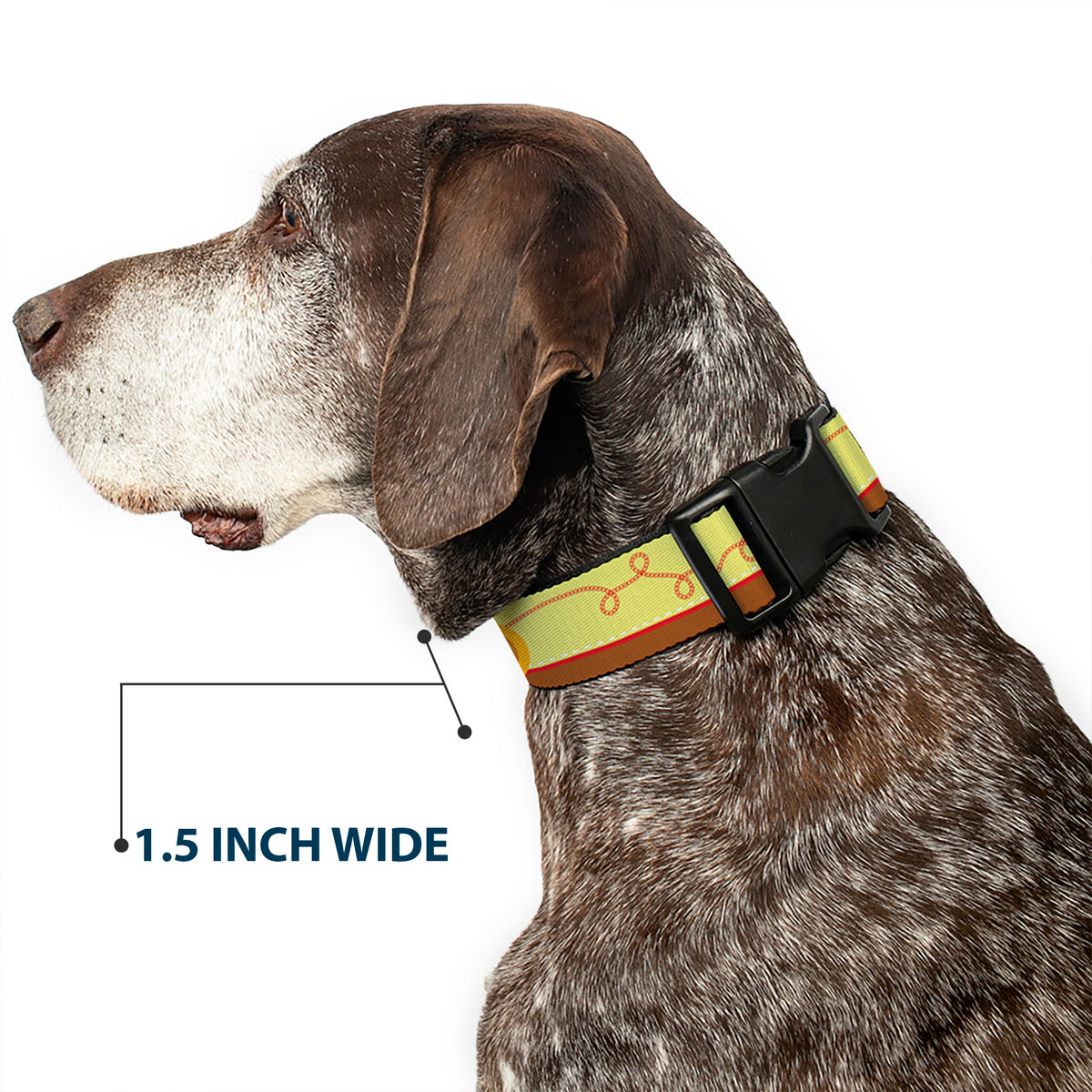 Plastic Clip Collar - Toy Story Woody Bounding Cowboy Buckle Stripe Yellow/Red/Brown Dog Collars Plastic Clip Side Release Disney
