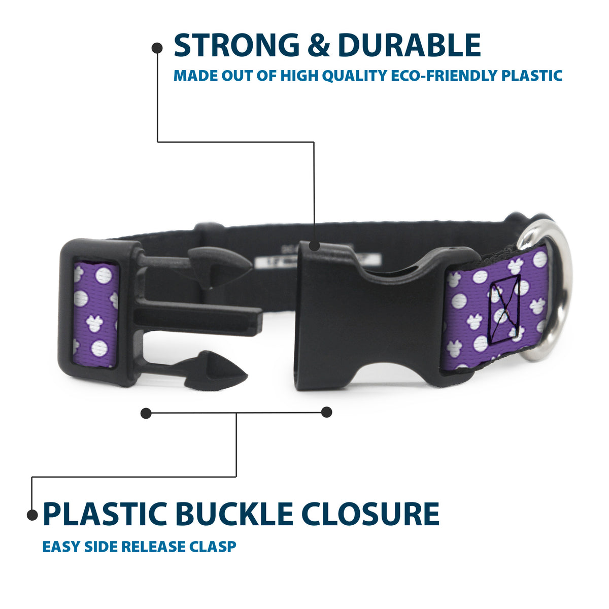 Plastic Clip Collar - Minnie Mouse Ears Monogram/Dots Purple/White Dog Collars Plastic Clip Side Release Disney