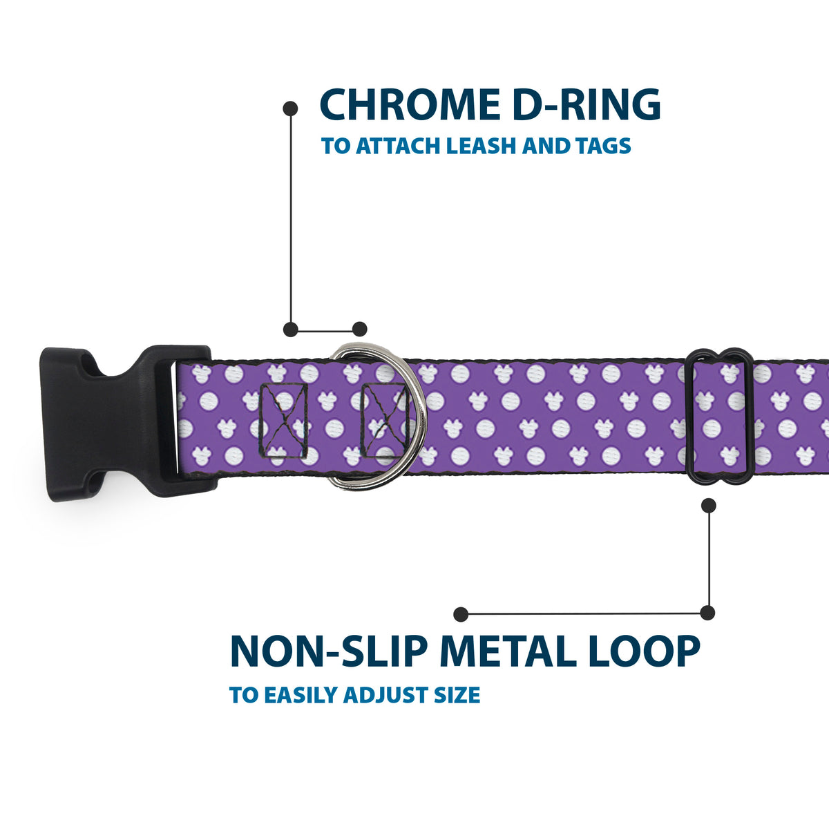 Plastic Clip Collar - Minnie Mouse Ears Monogram/Dots Purple/White Dog Collars Plastic Clip Side Release Disney
