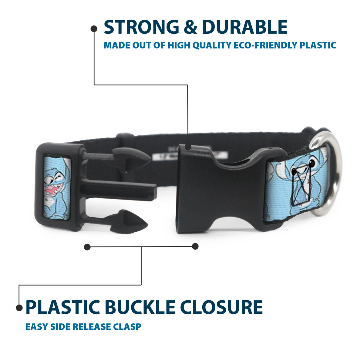 Plastic Clip Collar - Stitch 3-Poses Sky Blue/Black/White Dog Collars Plastic Clip Side Release Disney