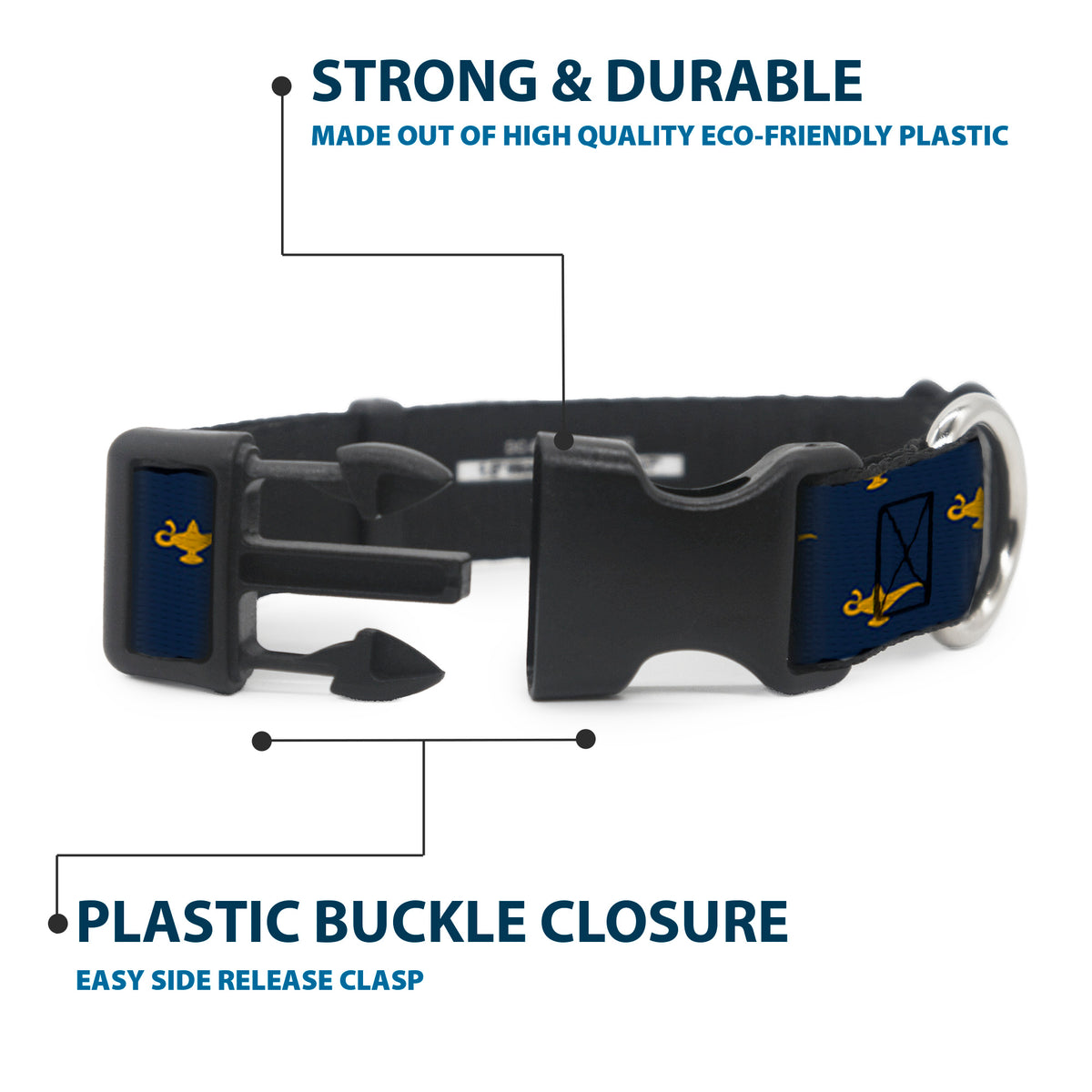 Plastic Clip Collar - Aladdin Genie Lamp Monogram Navy/Gold Dog Collars Plastic Clip Side Release Disney