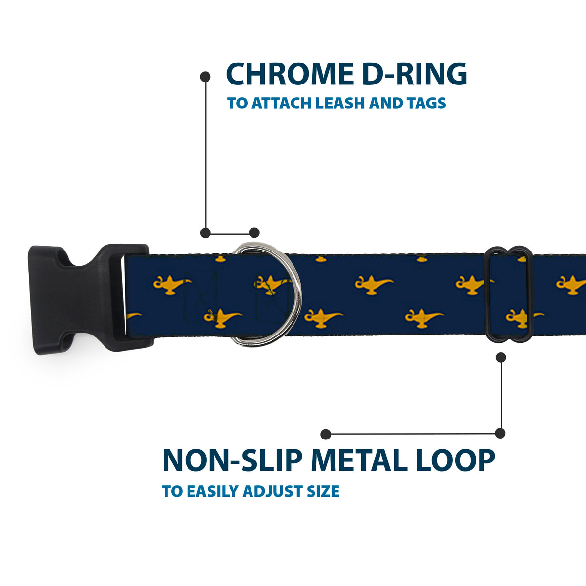 Plastic Clip Collar - Aladdin Genie Lamp Monogram Navy/Gold Dog Collars Plastic Clip Side Release Disney