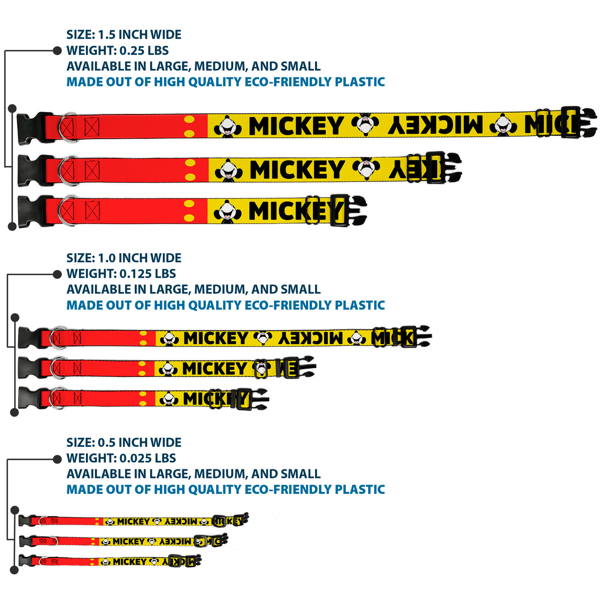 Plastic Clip Collar - MICKEY Smiling Up Pose Flip/Buttons Yellow/Black/Red Dog Collars Plastic Clip Side Release Disney
