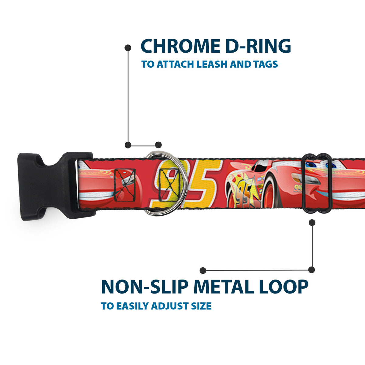 Plastic Clip Collar - Cars Lightning McQueen Smiling Pose/95 Reds/White/Orange Dog Collars Plastic Clip Side Release Disney