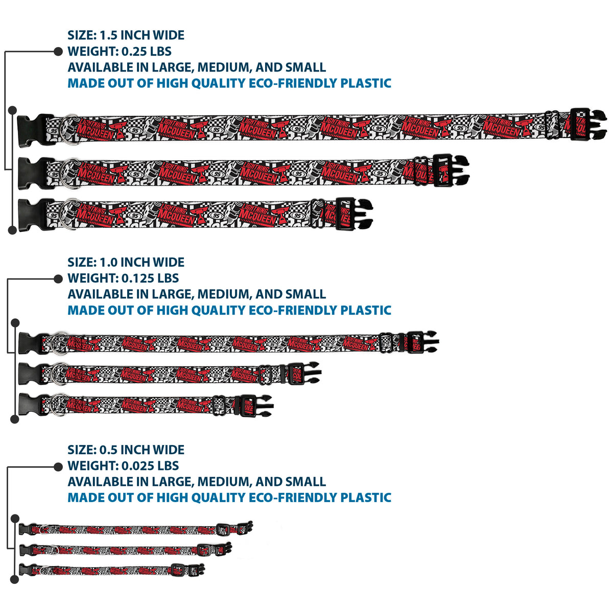 Plastic Clip Collar - Cars Lightning McQueen Racing Collage White/Black/Red Dog Collars Plastic Clip Side Release Disney
