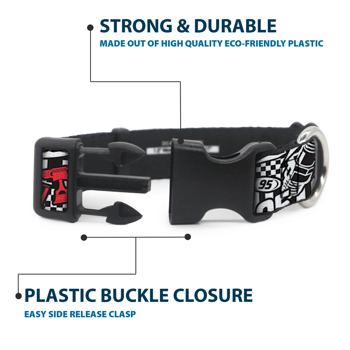 Plastic Clip Collar - Cars Lightning McQueen Racing Collage White/Black/Red Dog Collars Plastic Clip Side Release Disney