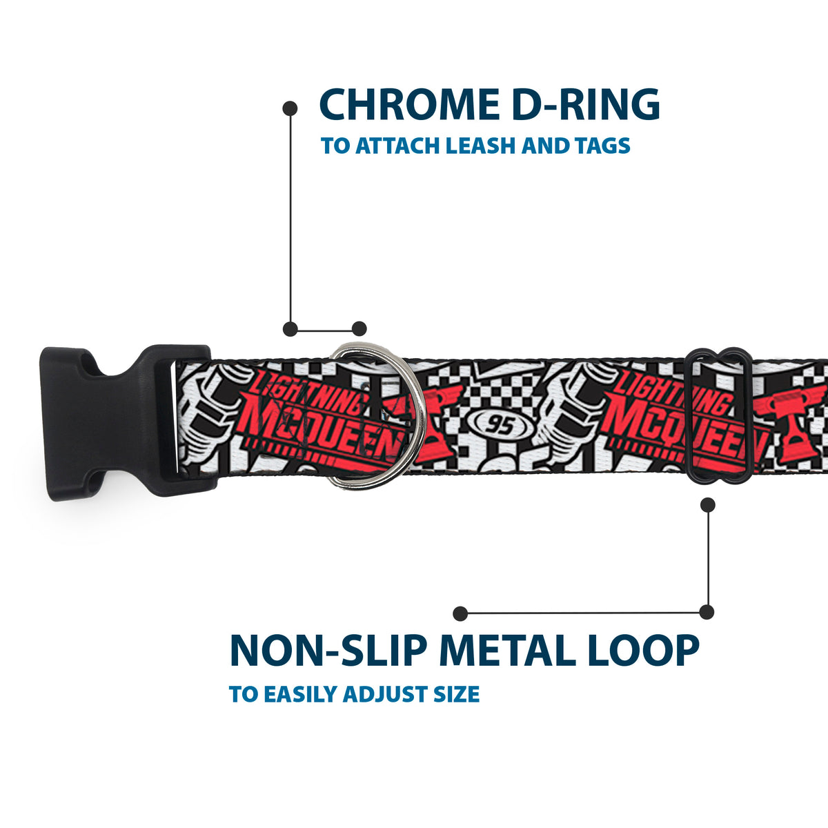 Plastic Clip Collar - Cars Lightning McQueen Racing Collage White/Black/Red Dog Collars Plastic Clip Side Release Disney