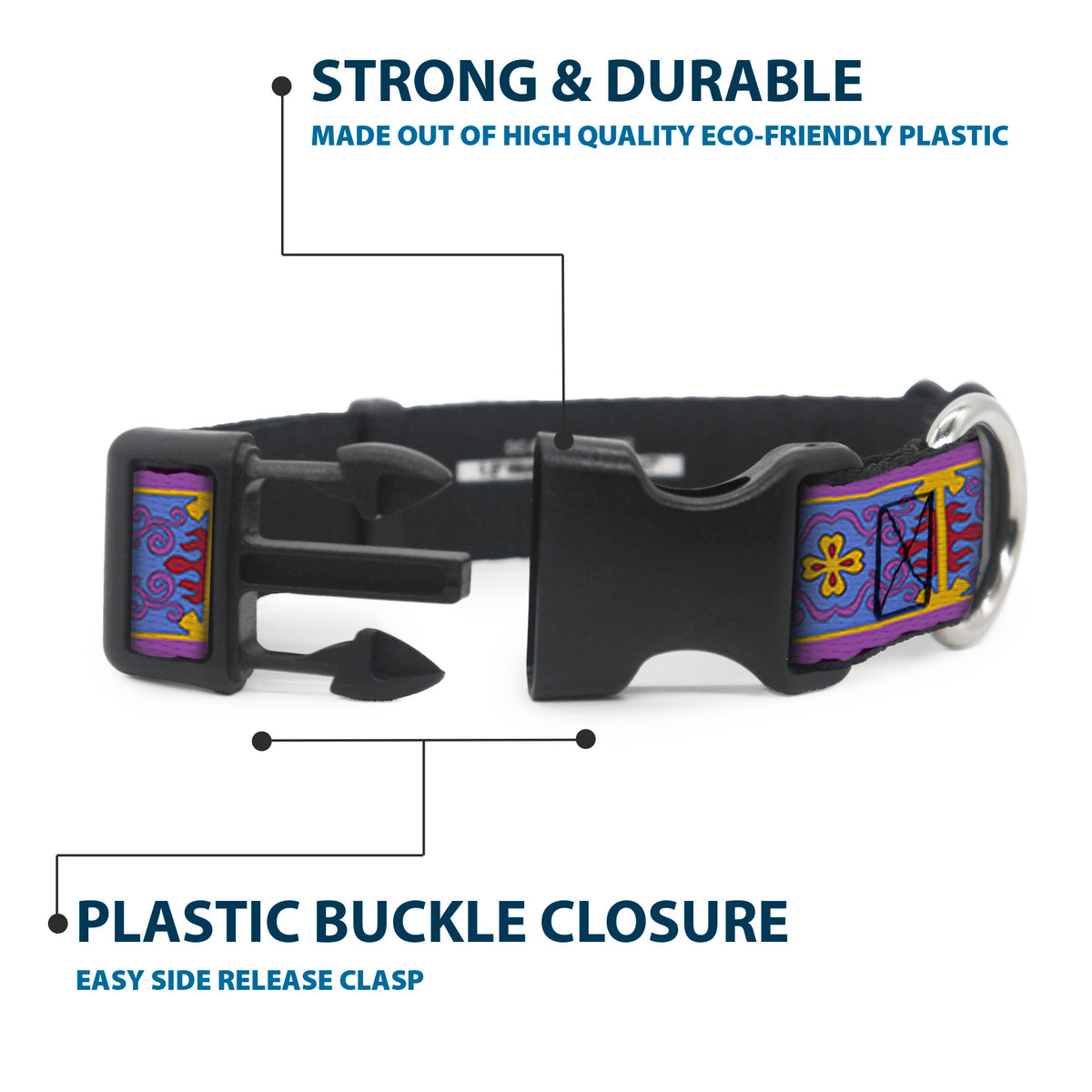 Plastic Clip Collar - Classic Aladdin Magic Carpet Tapestry Blue/Purple/Gold/Red Dog Collars Plastic Clip Side Release Disney