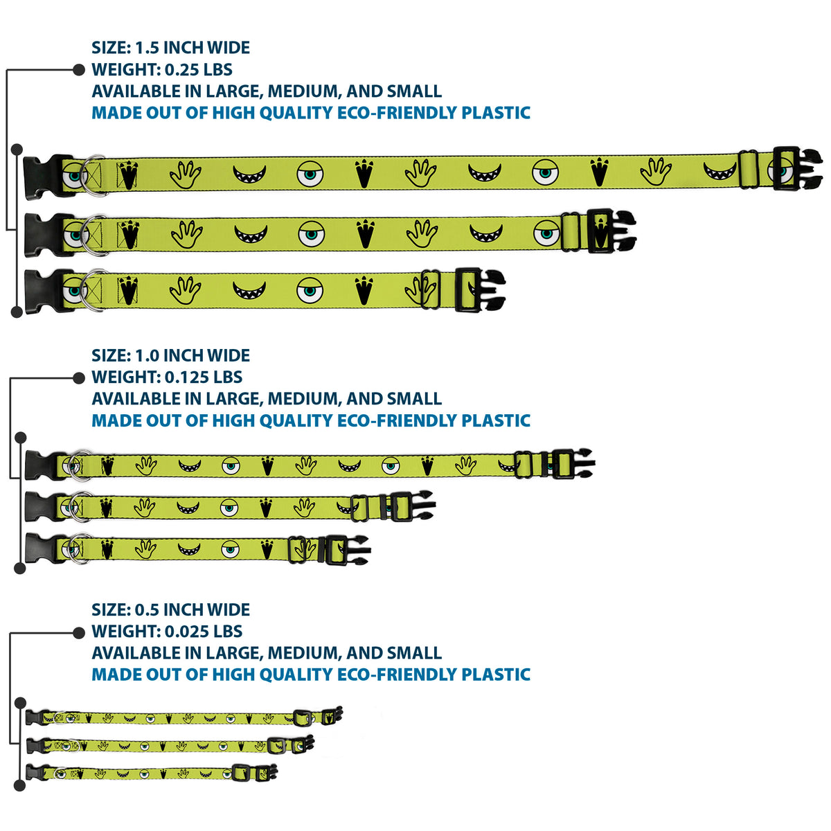 Plastic Clip Collar - Monsters Inc. Mike 4-Icons Greens/Black/White Dog Collars Plastic Clip Side Release Disney
