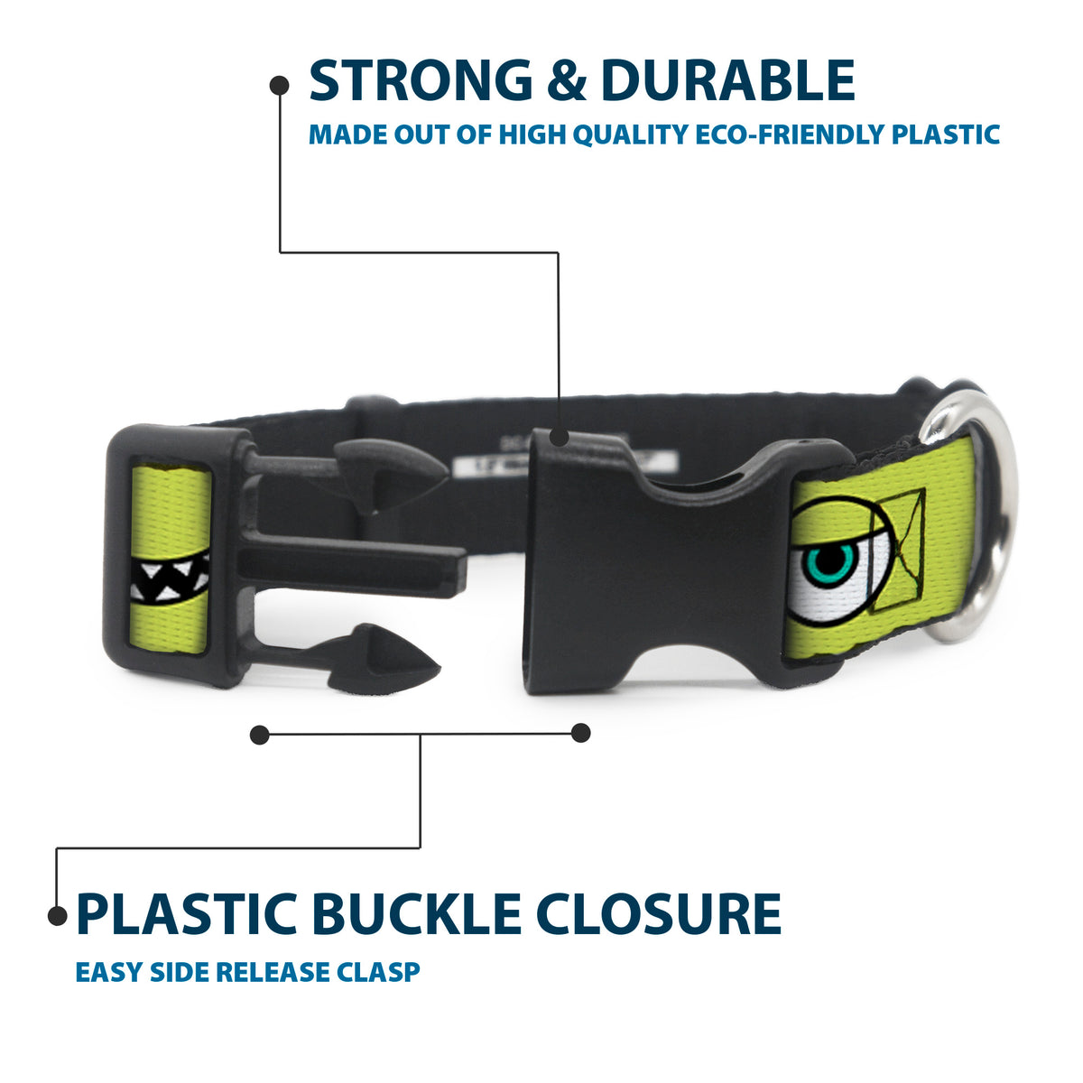 Plastic Clip Collar - Monsters Inc. Mike 4-Icons Greens/Black/White Dog Collars Plastic Clip Side Release Disney