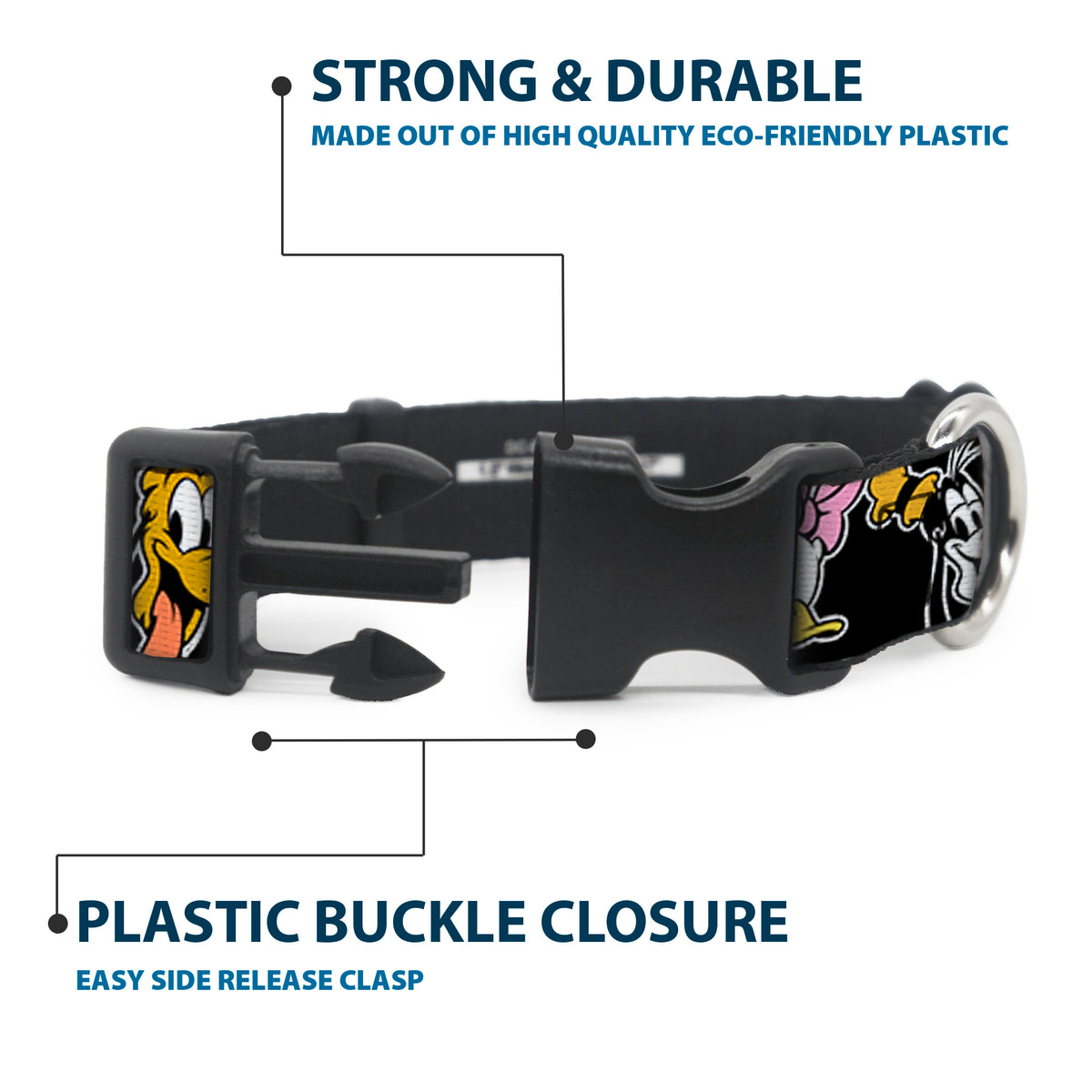 Plastic Clip Collar - Disney The Sensational Six Smiling Faces Black Dog Collars Plastic Clip Side Release Disney
