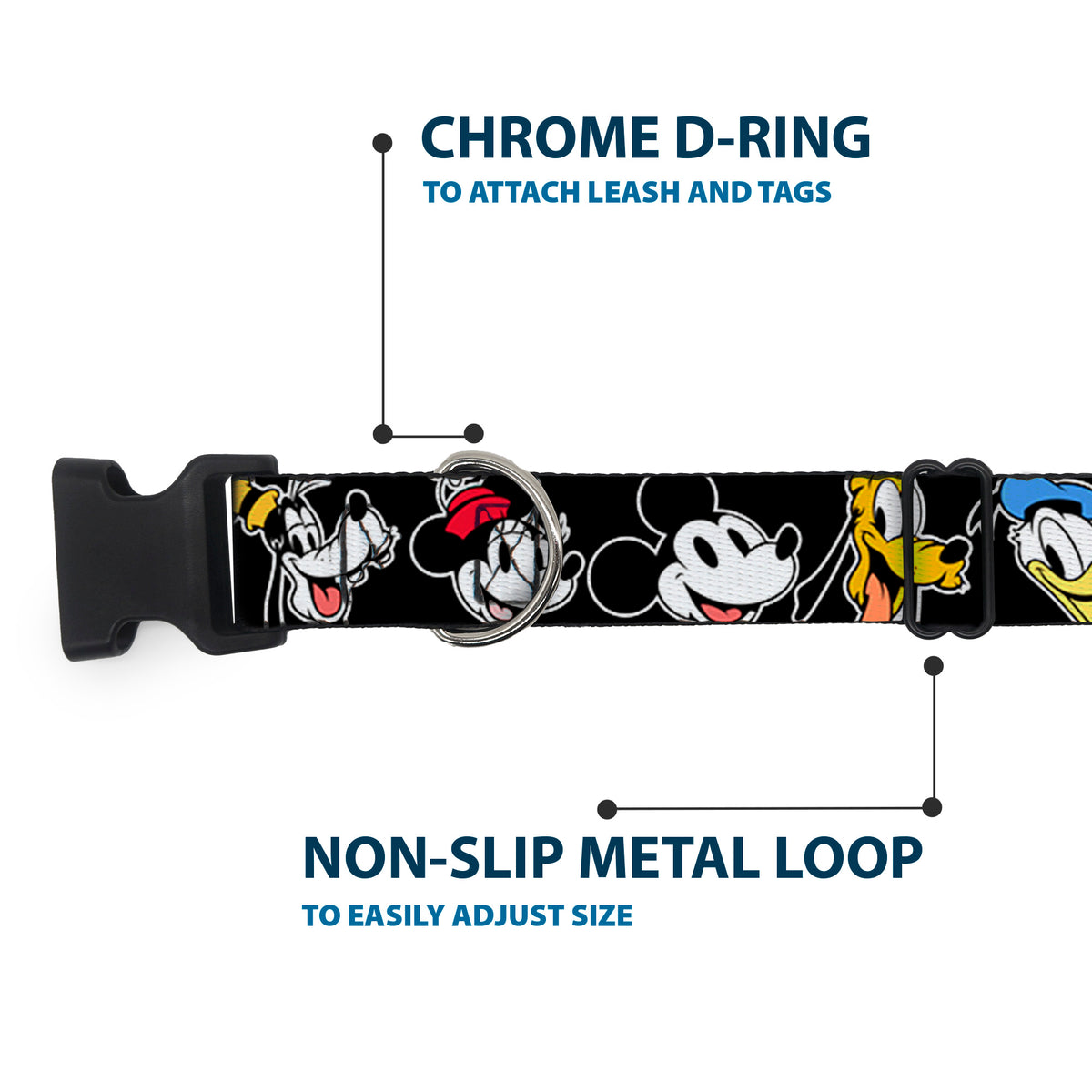 Plastic Clip Collar - Disney The Sensational Six Smiling Faces Black Dog Collars Plastic Clip Side Release Disney