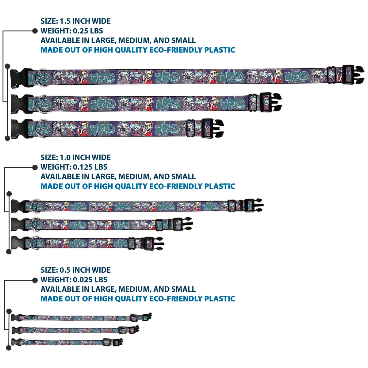 Plastic Clip Collar - Nightmare Before Christmas Lock Shock & Barrel Group Pose/Masks Purples Dog Collars Plastic Clip Side Release Disney