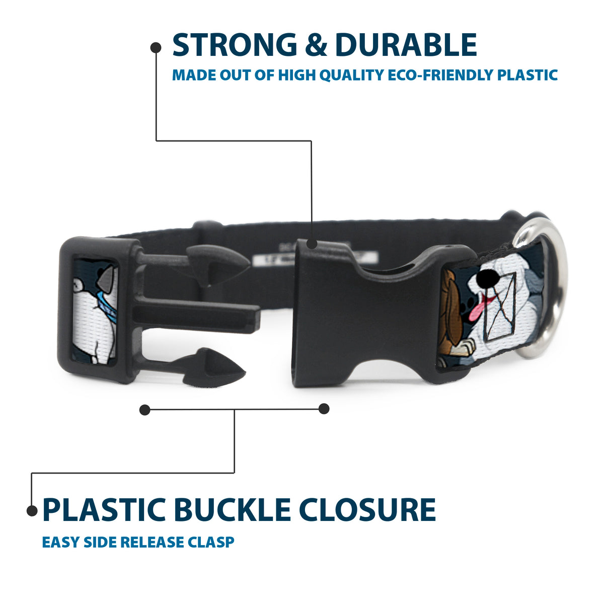 Plastic Clip Collar - Disney Dogs 6-Dog Group Collage/Paws Gray/Black Dog Collars Plastic Clip Side Release Disney