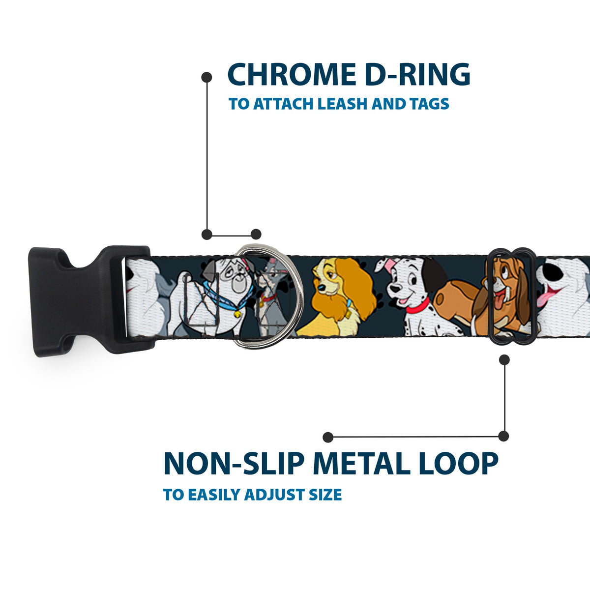 Plastic Clip Collar - Disney Dogs 6-Dog Group Collage/Paws Gray/Black Dog Collars Plastic Clip Side Release Disney