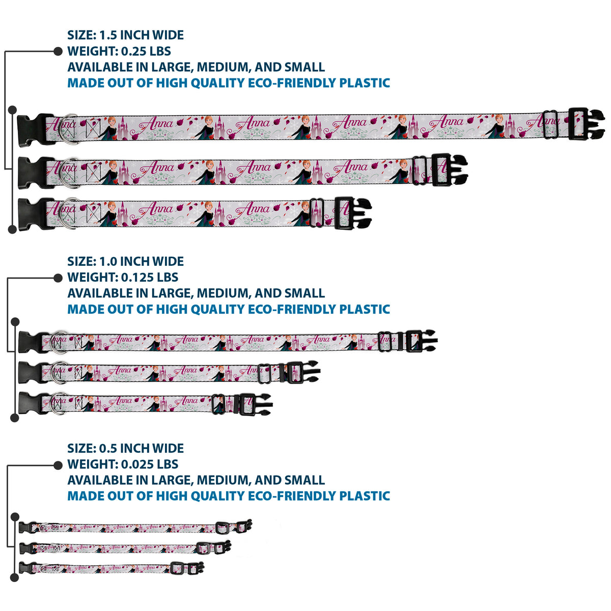 Plastic Clip Collar - Frozen Anna Castle Pose with Flowers and Script Grays/Pinks Dog Collars Plastic Clip Side Release Disney