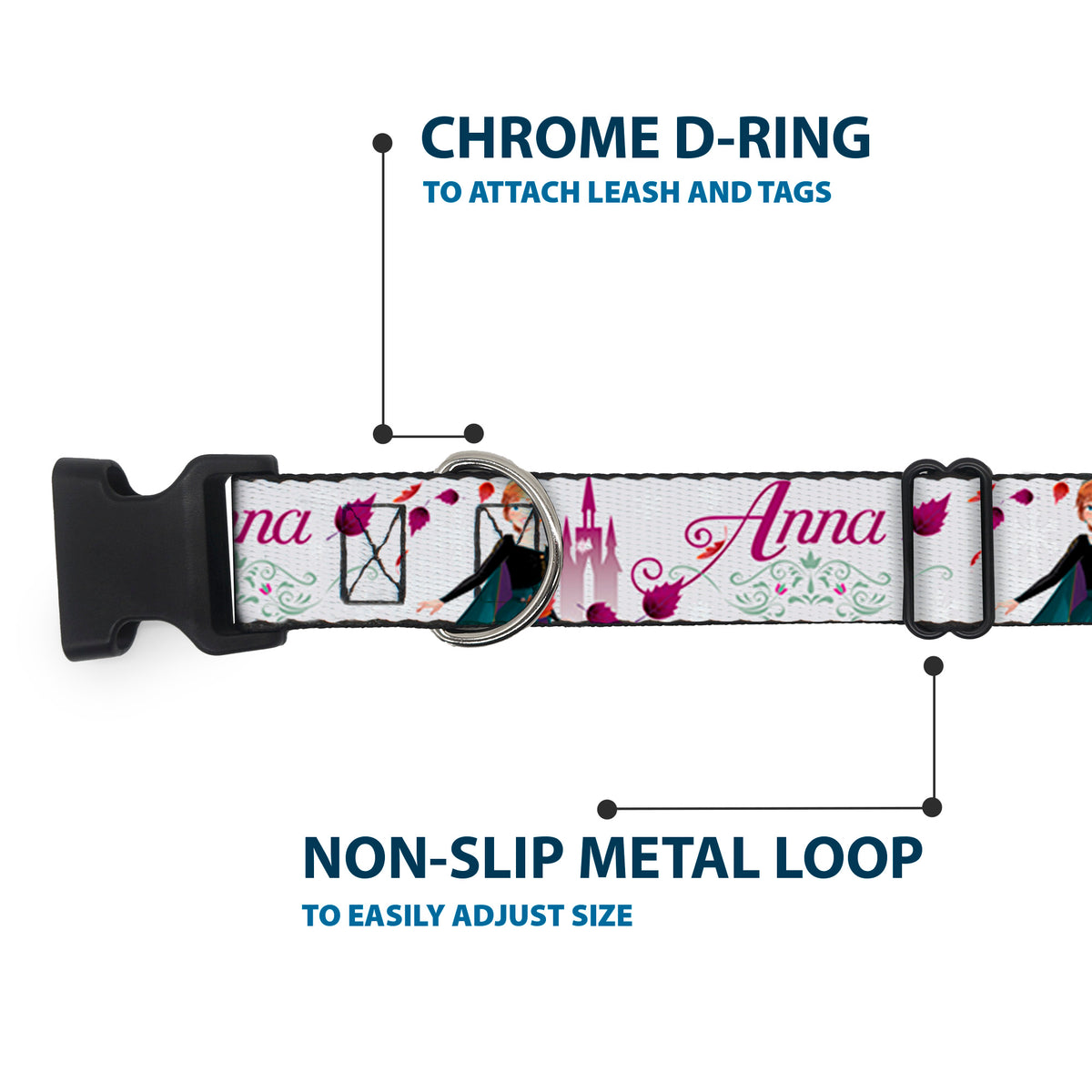 Plastic Clip Collar - Frozen Anna Castle Pose with Flowers and Script Grays/Pinks Dog Collars Plastic Clip Side Release Disney