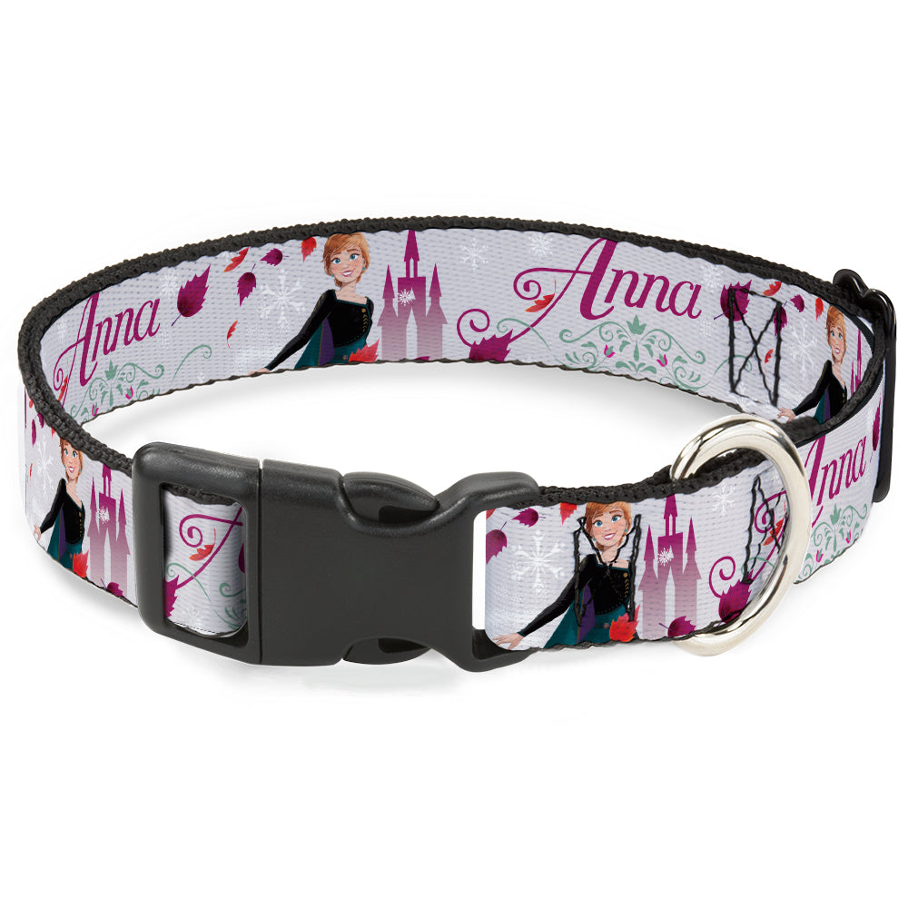 Plastic Clip Collar - Frozen Anna Castle Pose with Flowers and Script Grays/Pinks Dog Collars Plastic Clip Side Release Disney