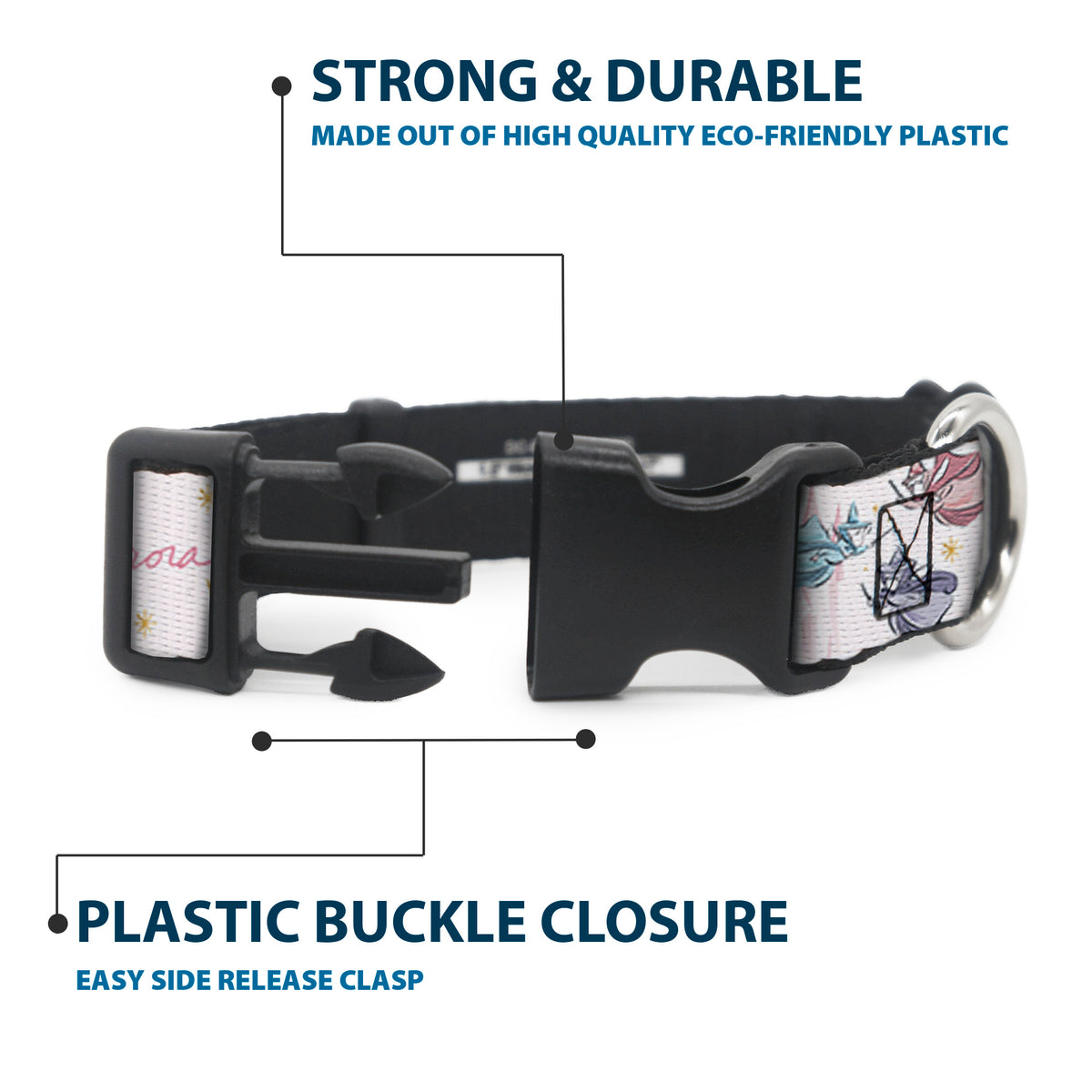 Plastic Clip Collar - Sleeping Beauty Aurora Castle and Fairy Godmothers Pose with Script and Flowers White/Pinks Dog Collars Plastic Clip Side Release Disney