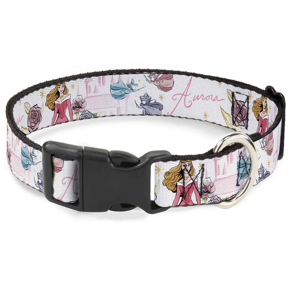 Plastic Clip Collar - Sleeping Beauty Aurora Castle and Fairy Godmothers Pose with Script and Flowers White/Pinks Dog Collars Plastic Clip Side Release Disney