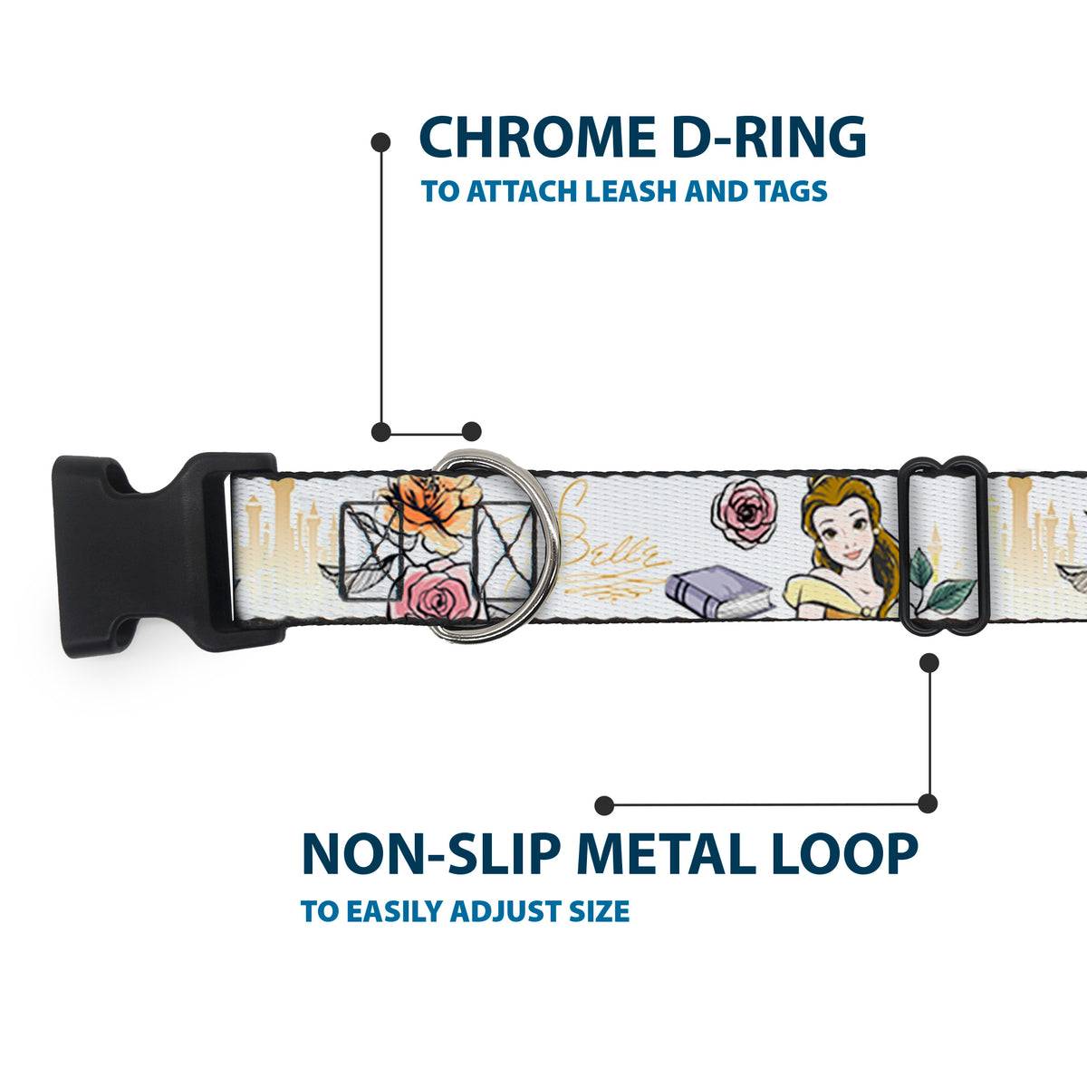 Plastic Clip Collar - Beauty and the Beast Belle Castle Pose with Script and Flowers White/Yellows Dog Collars Plastic Clip Side Release Disney