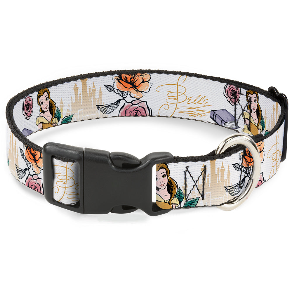 Plastic Clip Collar - Beauty and the Beast Belle Castle Pose with Script and Flowers White/Yellows Dog Collars Plastic Clip Side Release Disney