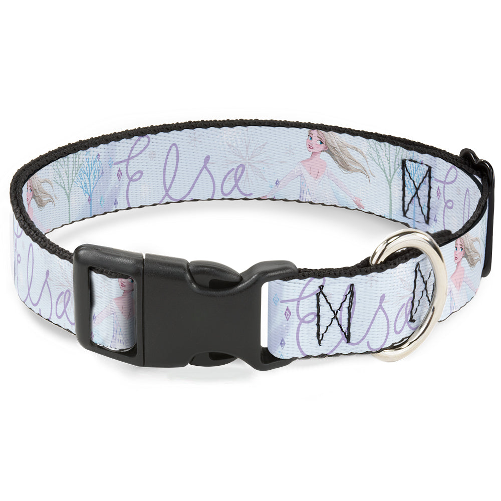 Plastic Clip Collar - Frozen Elsa Snowflake Pose with Trees and Script Blues/Purples Dog Collars Plastic Clip Side Release Disney