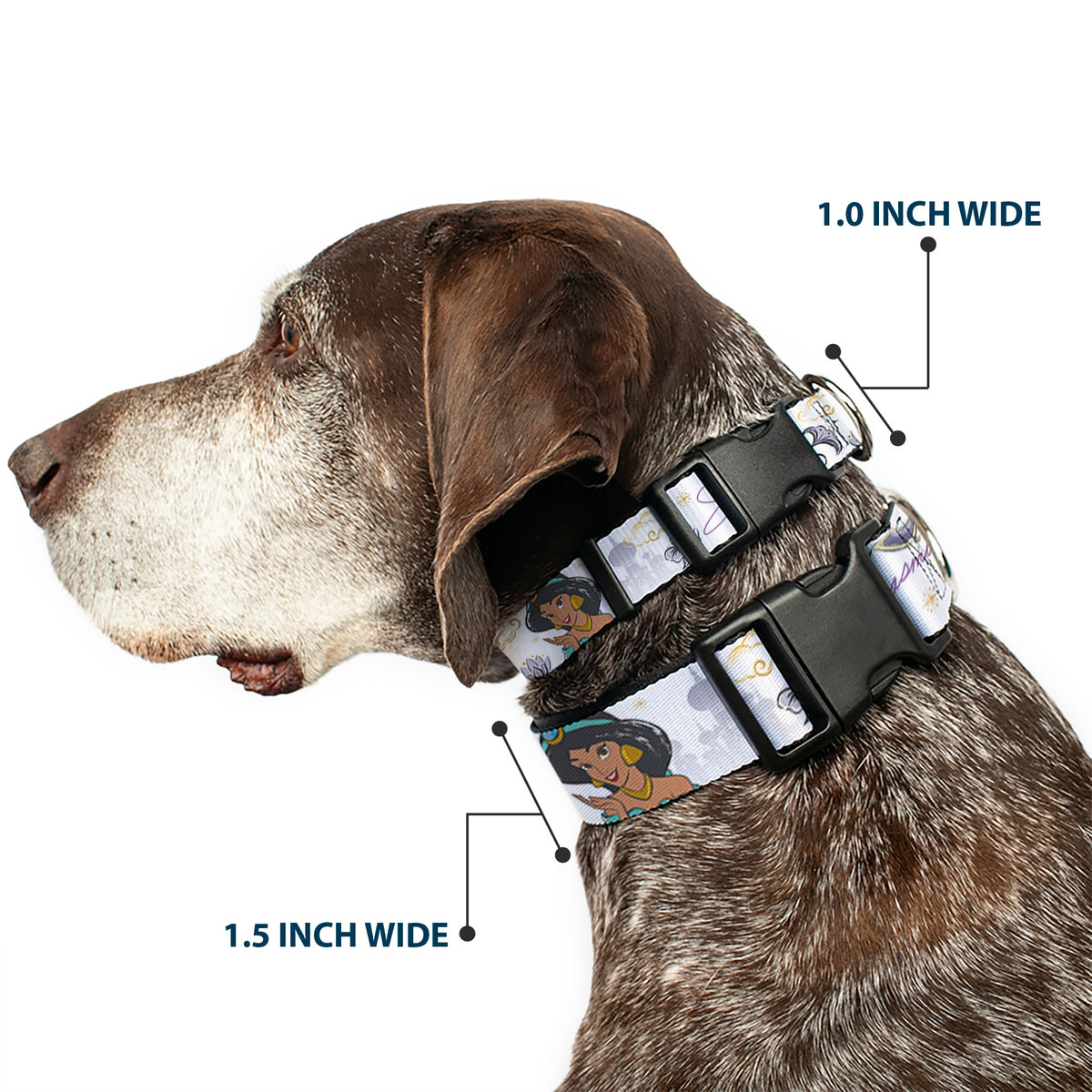 Plastic Clip Collar - Aladdin Jasmine Palace Pose with Script and Flowers White/Purples Dog Collars Plastic Clip Side Release Disney
