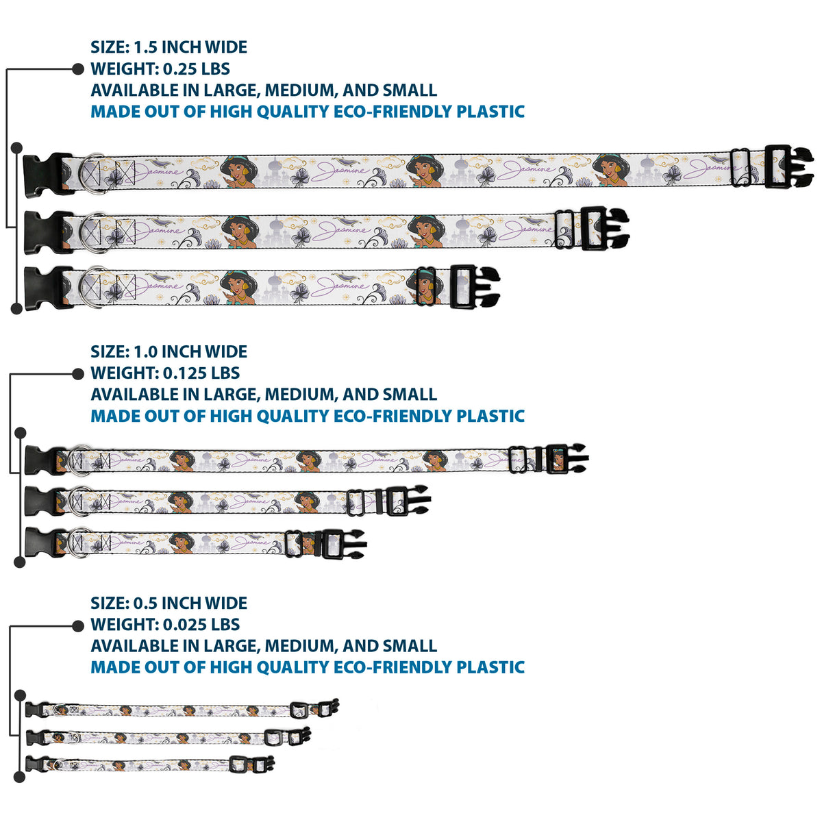 Plastic Clip Collar - Aladdin Jasmine Palace Pose with Script and Flowers White/Purples Dog Collars Plastic Clip Side Release Disney