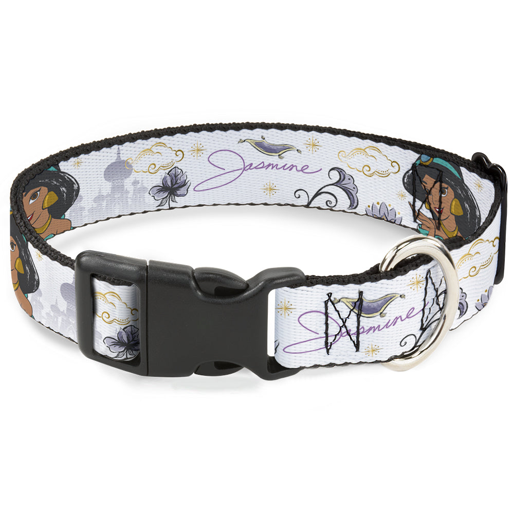Plastic Clip Collar - Aladdin Jasmine Palace Pose with Script and Flowers White/Purples Dog Collars Plastic Clip Side Release Disney