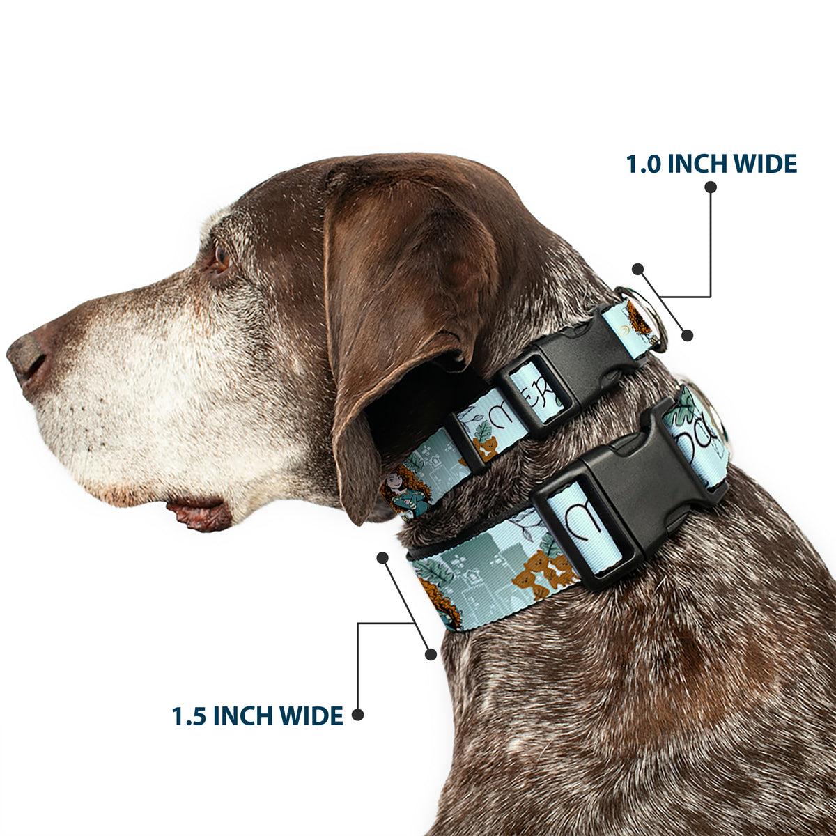 Plastic Clip Collar - Brave Merida Castle and Three Bear Brothers Pose with Script Greens Dog Collars Plastic Clip Side Release Disney